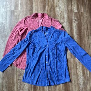 Lot of 2- Soft Surroundings Pink Blue Embroidered Long Sleeve Button PXS *FLAW‎